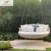 Courtyard outdoor rattan open-air swing chair with attached table - natural brown or white 4