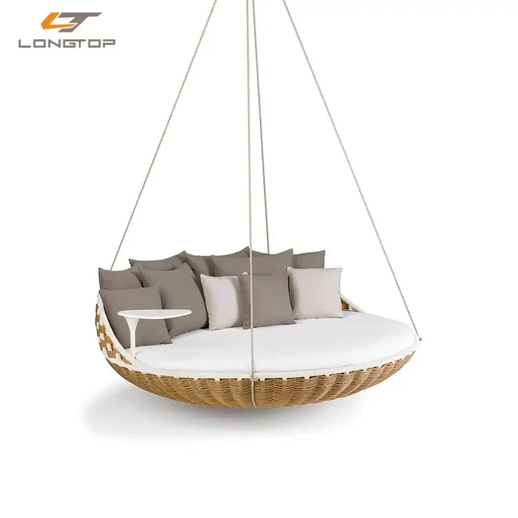 Courtyard outdoor rattan open-air swing chair with attached table - natural brown or white 5