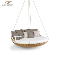 Courtyard outdoor rattan open-air swing chair with attached table - natural brown or white 5