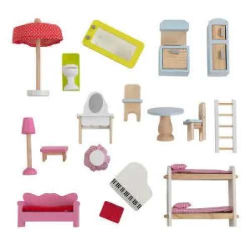 Interactive doll cottage with furniture for kids (model 1) - collection of furniture displayed