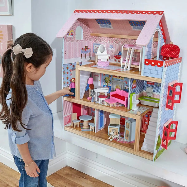 Interactive doll cottage for kids - girl playing with doll house