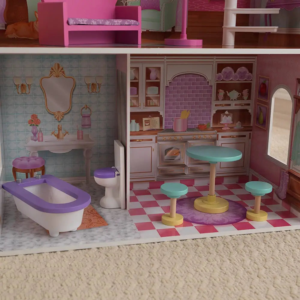 Pink dollhouse with bathroom sink, ideal for young imaginations - dollhouse with furniture for kids