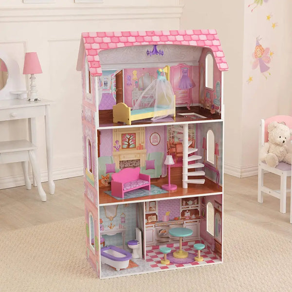 Pink dollhouse with furniture: perfect place for young imaginations, complete with hanging chandelier