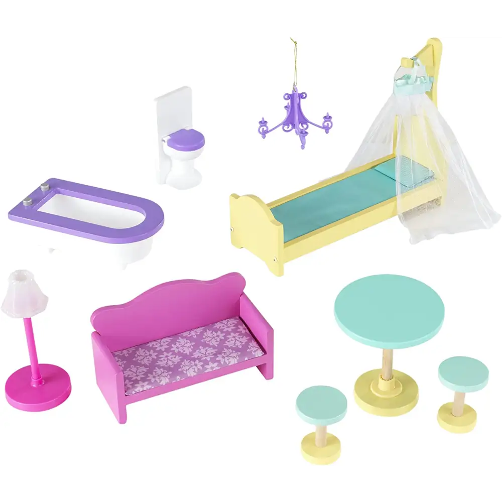 Pink dollhouse with furniture and accessories - perfect place for young imaginations to play with hanging chandelier