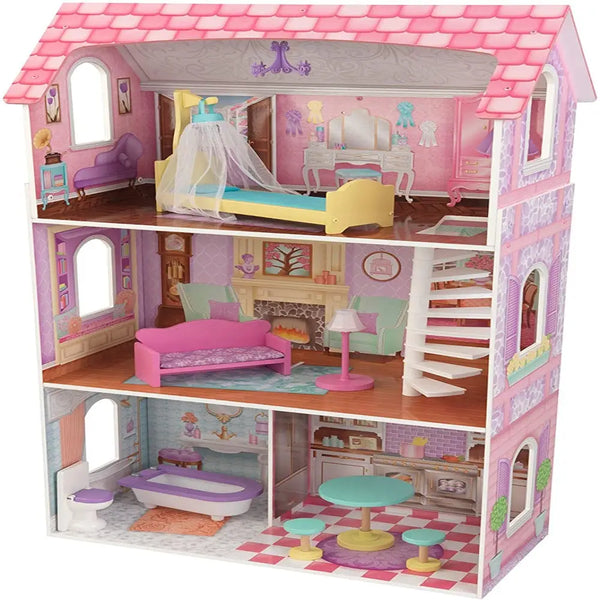 Pink dollhouse with furniture - perfect place for young imaginations, pink roof and bed, hanging chandelier