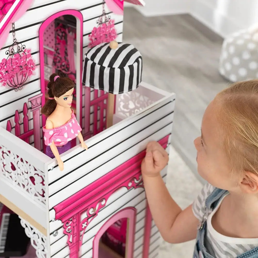 Little girl playing with dollhouse with furniture, four feet tall, included 15-piece accessory, model 6