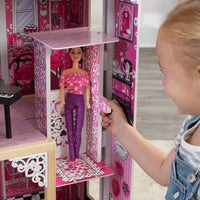 Little girl playing with barbie doll in dollhouse with furniture for kids 120 x 83 x 40 cm (model 6) - includes 15-piece accessory