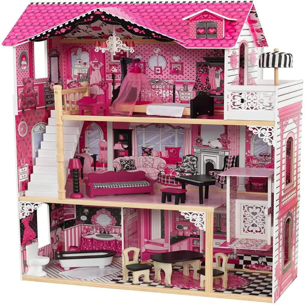 Dollhouse with furniture for kids 120 x 83 x 40 cm (model 6) featuring a pink roof, staircase, and included 15-piece