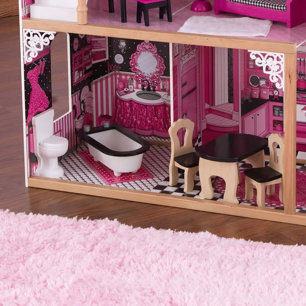 Pink and white dollhouse with furniture for kids, 120 x 83 x 40 cm, four feet tall
