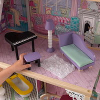 Child playing with dollhouse with furniture for kids, 4 feet tall, 3 levels, 4 rooms