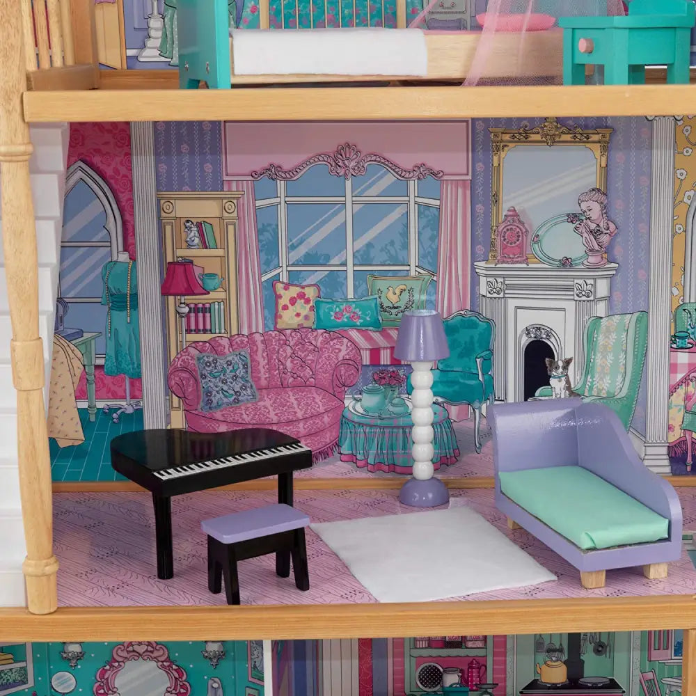 Dollhouse with furniture and piano for kids, 3 levels, 4 rooms, 4 feet tall