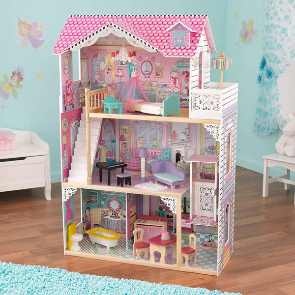 Dollhouse for kids with pink roof, blue rug, offers three levels and four spacious rooms