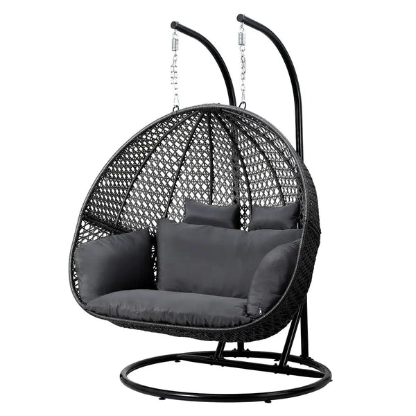 Double hanging egg chair with stand - grey: hand-woven black hanging chair with grey cushion for indoor living space