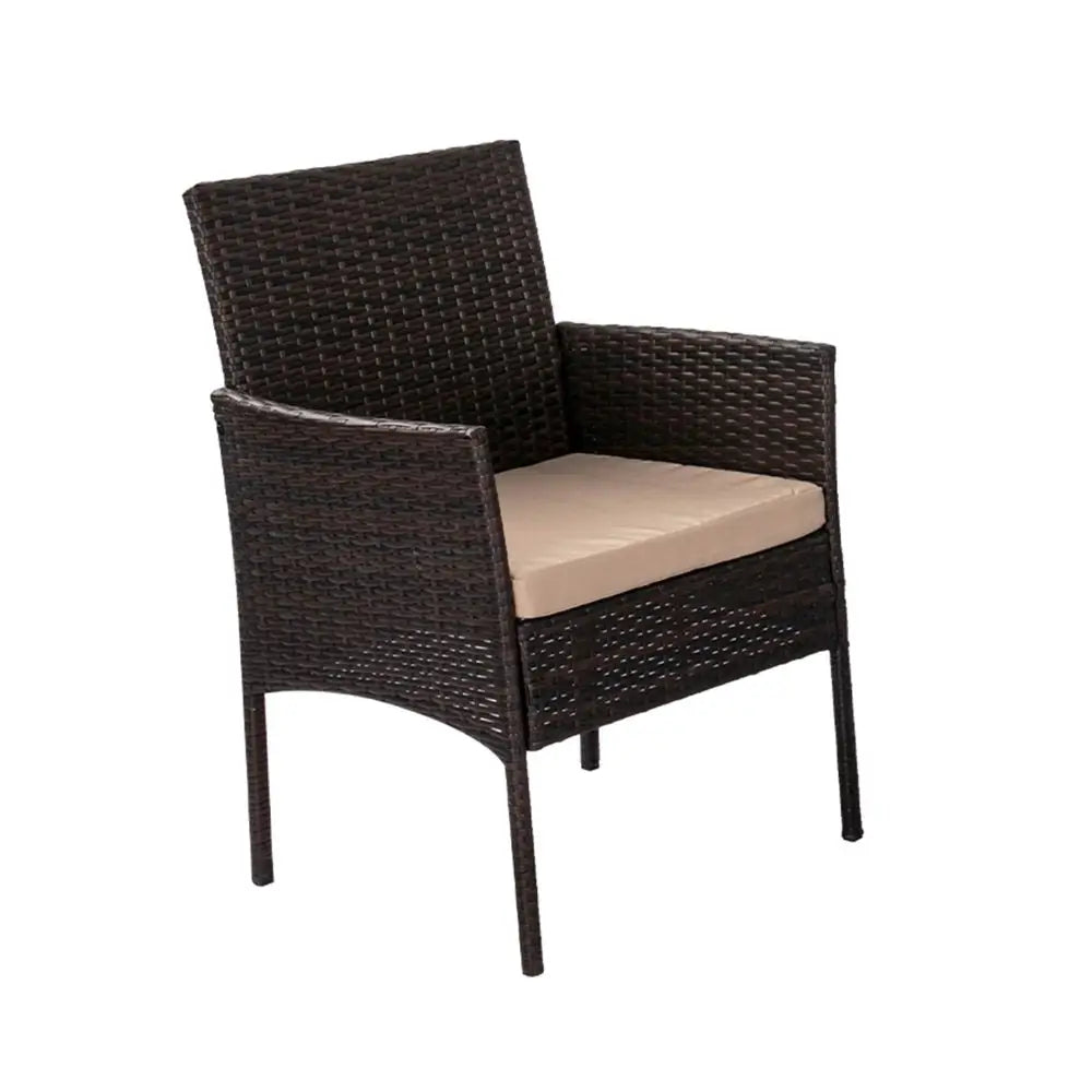 Hand woven brown wicker chair with beige cushions from dreamo delightful 3 piece bistro set