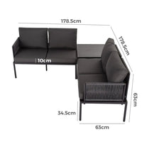 Modern style 4-seater rope outdoor patio furniture set with sofa, chair, and coffee table in black textile design