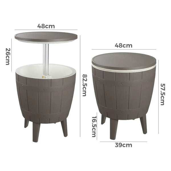 Taupe eski cooler storage table with dimensions
