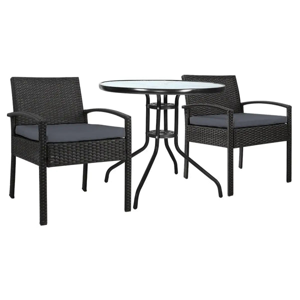 Felix 3pc bistro outdoor patio furniture set with tempered glass tabletop and cushioned chairs