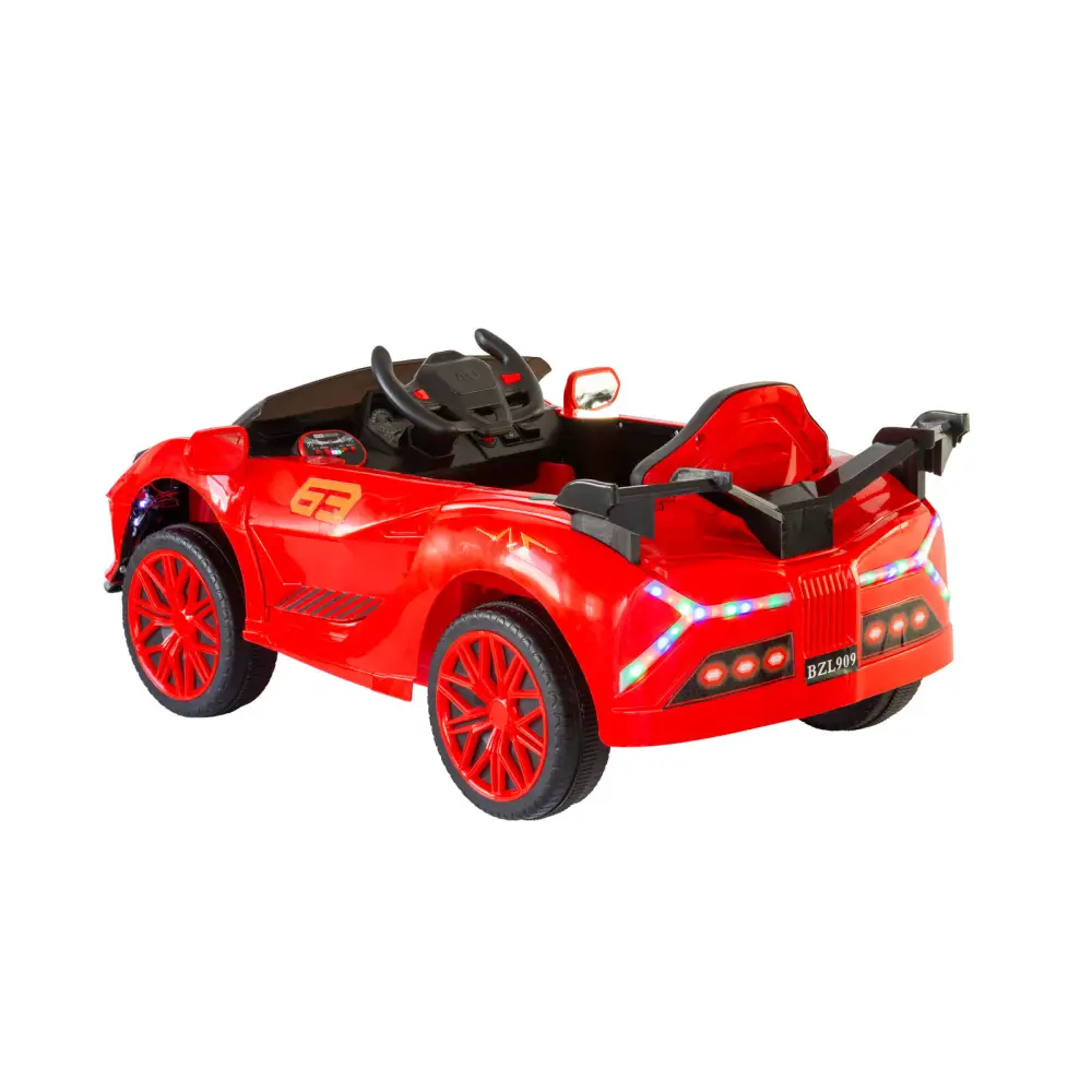 Red ferrari inspired electric ride-on car on white background