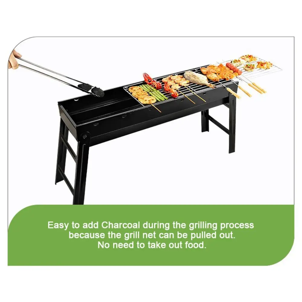 Person holding tongs by portable charcoal barbecue grill