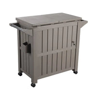 Grey plastic trash can with wheels on garden bar serving cart with cooler (taupe)