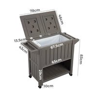 Taupe garden bar serving cart with cooler displaying storage box dimensions