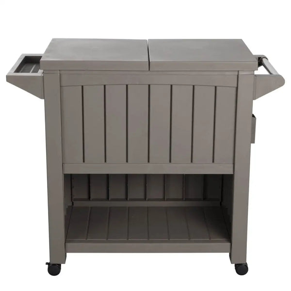 Gray plastic outdoor bar serving cart with cooler, garden bar serving cart with cooler (taupe)
