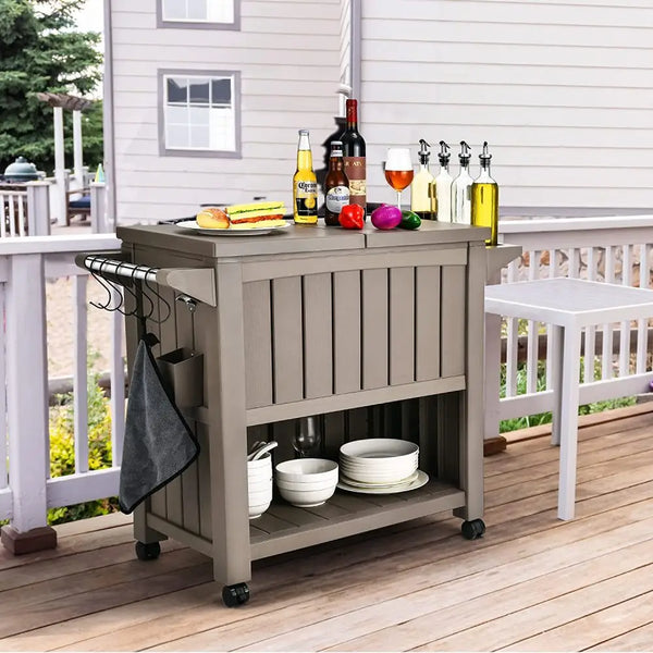 Outdoor bar serving cart with cooler on deck