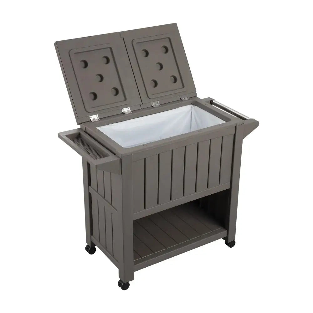 Outdoor bar serving cart with cooler, taupe plastic trash bin with lid open