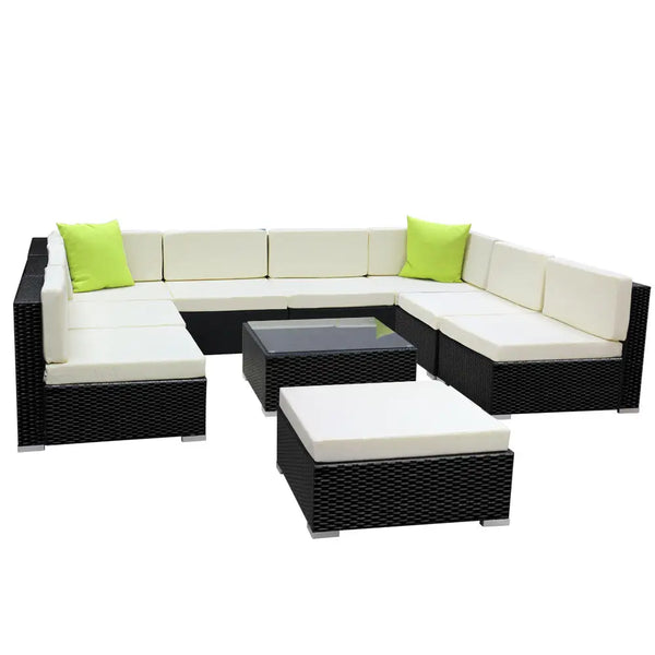 Outdoor 9 seater sofa set with ottoman, coffee table, and storage cover