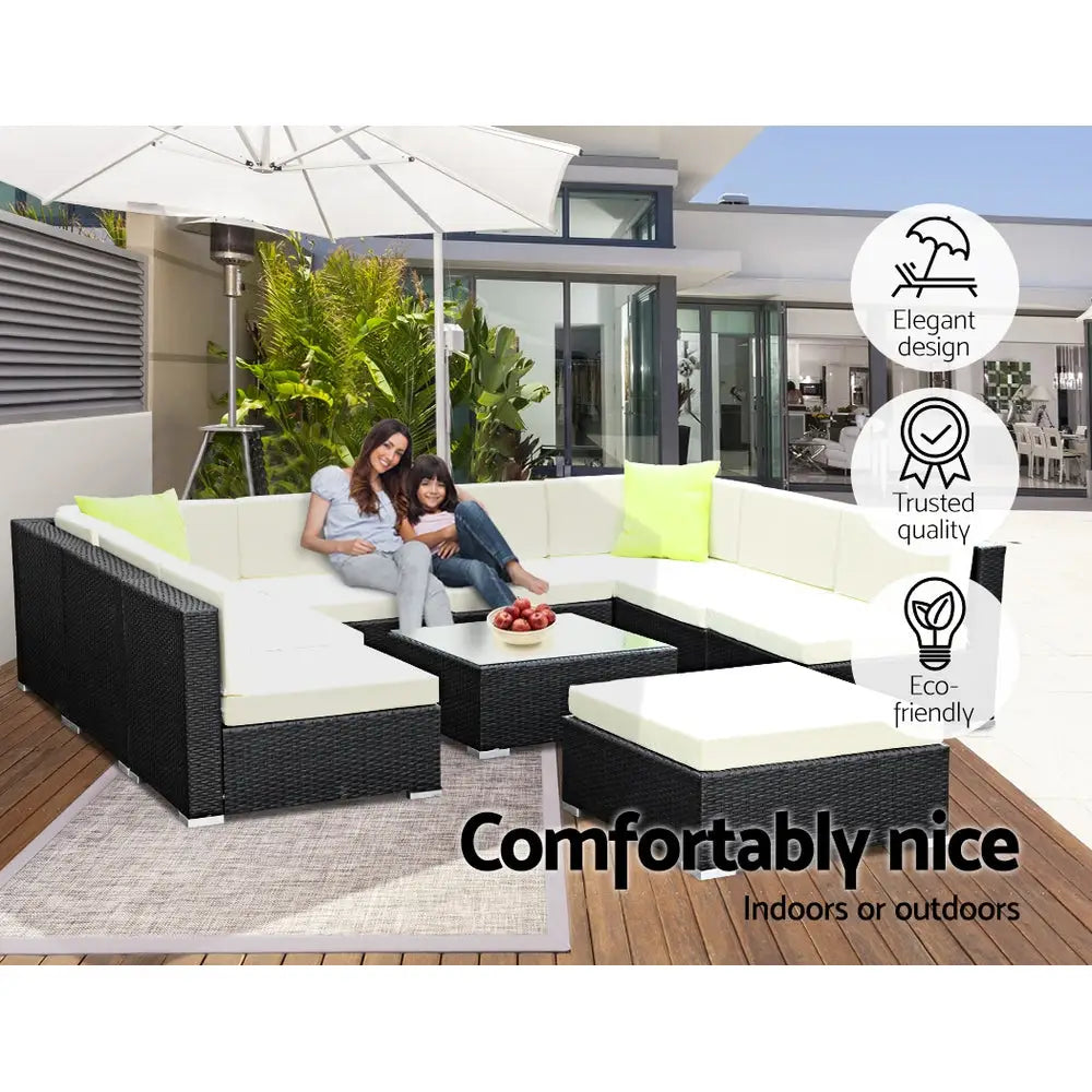 Woman sitting on patio with umbrella, gardeon 10 pcs outdoor sofa set featuring tempered glass & storage cover