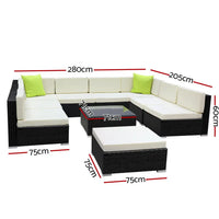 Gardeon 10 pcs outdoor sofa set wicker 9 seater with white cushions and storage cover