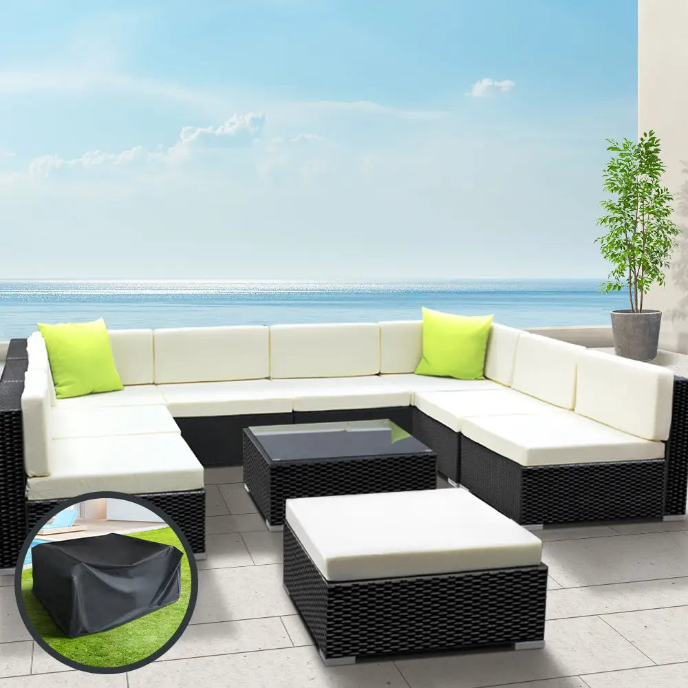 Gardeon 10 pcs outdoor sofa set wicker 9 seater with storage cover and tempered glass table