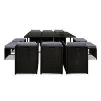 Gardeon 11pc outdoor dining set wicker with black table and chairs