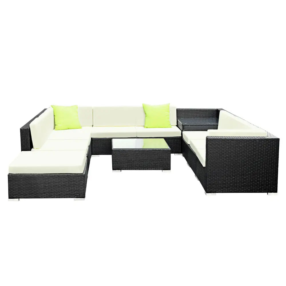 Gardeon 11pc outdoor sofa set: black and white sectional sofa with green pillows