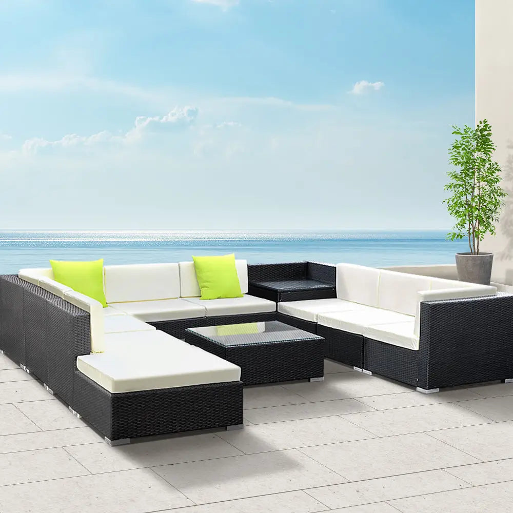 Gardeon 11pc outdoor sofa set wicker with ocean view and tempered glass corner table