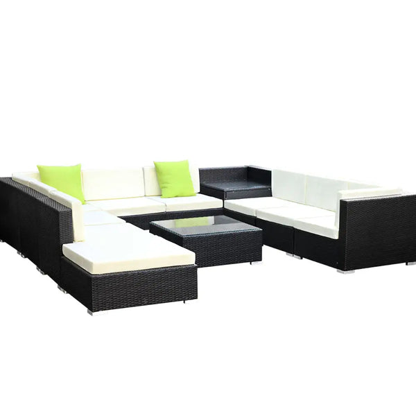 Gardeon 11pc outdoor sofa set wicker w/wo storage cover with tempered glass corner table - 75cm x 60cm