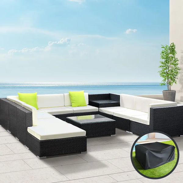 Gardeon 11pc outdoor sofa set wicker with tempered glass corner table, 75cm x 60cm