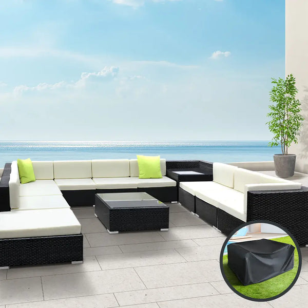 Gardeon 12pc sofa set outdoor furniture wicker with storage cover, 75cm x 60cm tempered glass table top