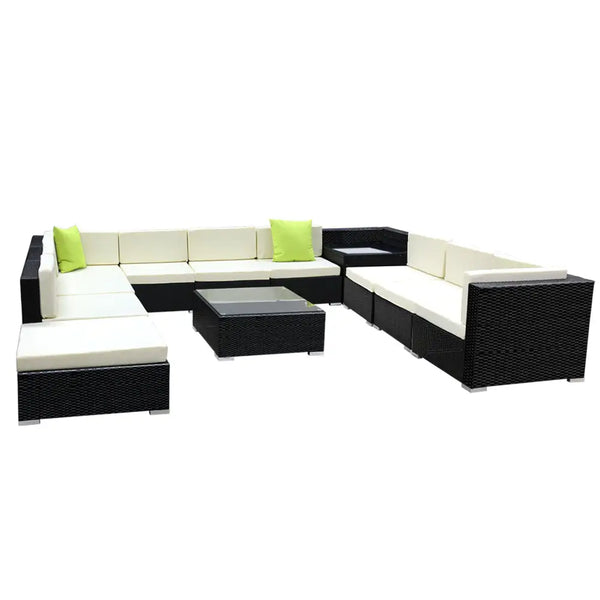 Black and white outdoor furniture set with tempered glass table, 75cm x 60cm cushions