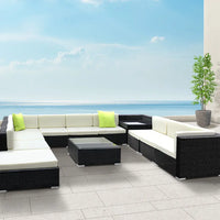 Gardeon 12pc sofa set outdoor furniture wicker with white couch and green pillows