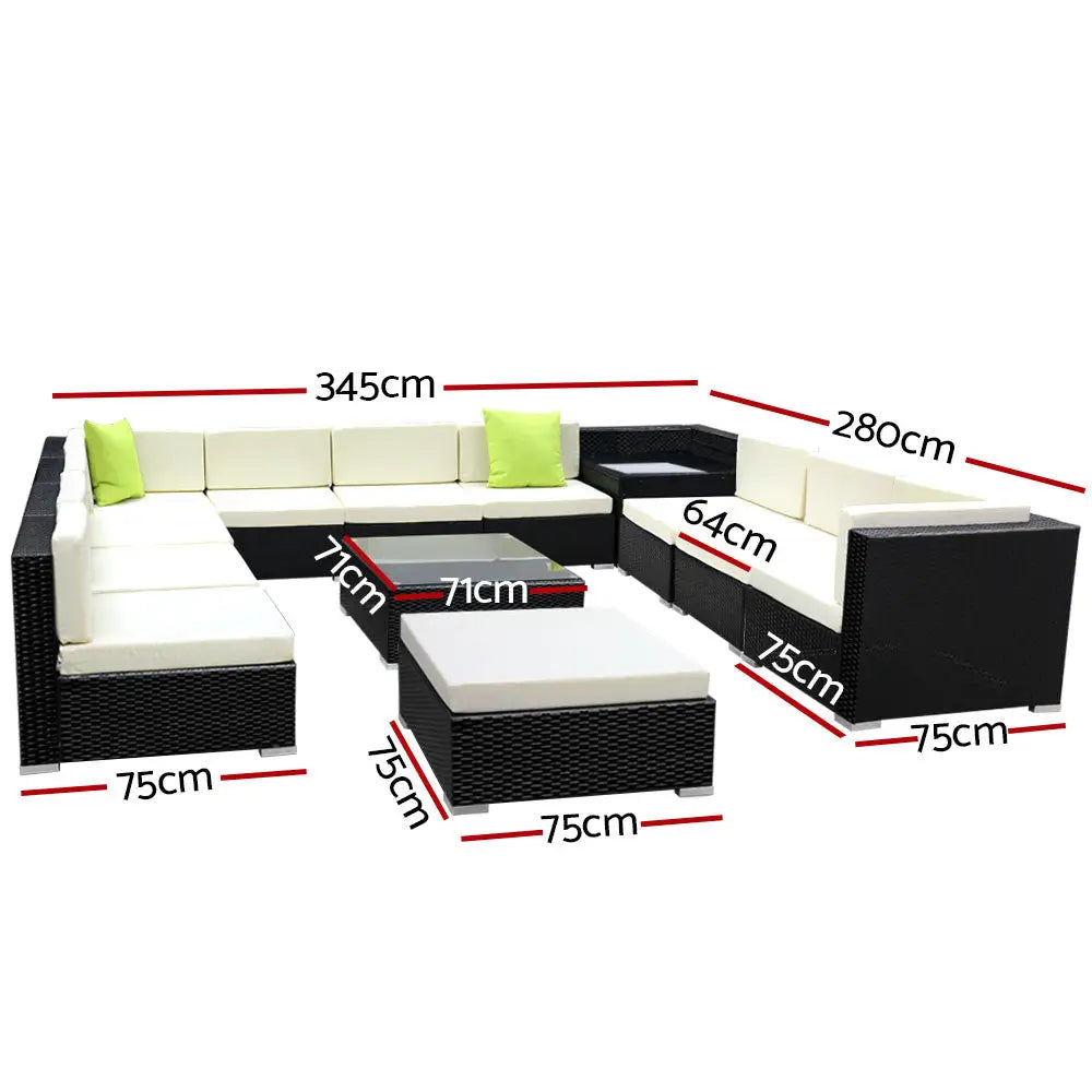 Gardeon 13-piece outdoor sofa set wicker 11 seater with tempered glass coffee table