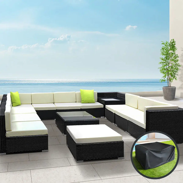 Gardeon 13-piece outdoor sofa set wicker 11 seater with tempered glass corner table 75cm x 60cm storage cover