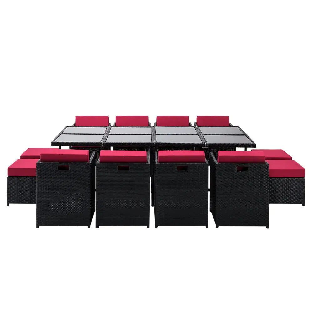 Gardeon 13pc outdoor dining set wicker with black and red cushions