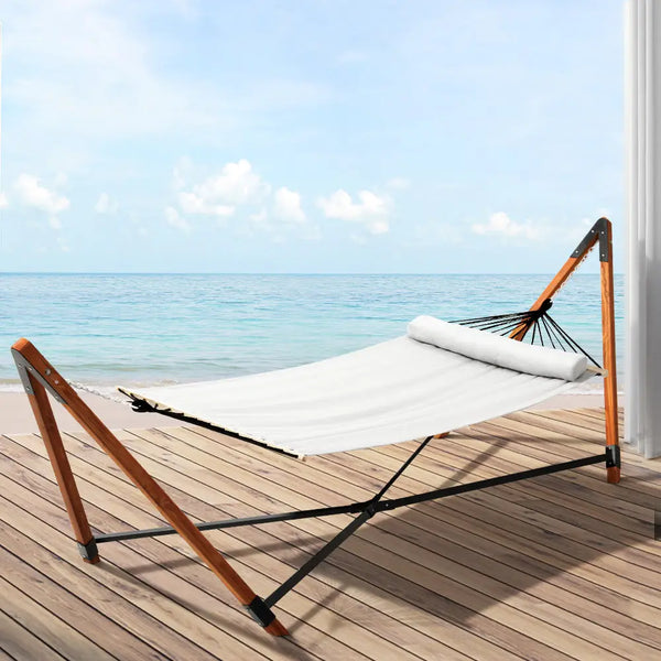 Gardeon 2 person hammock bed with timber stand - grey linen overlooking ocean