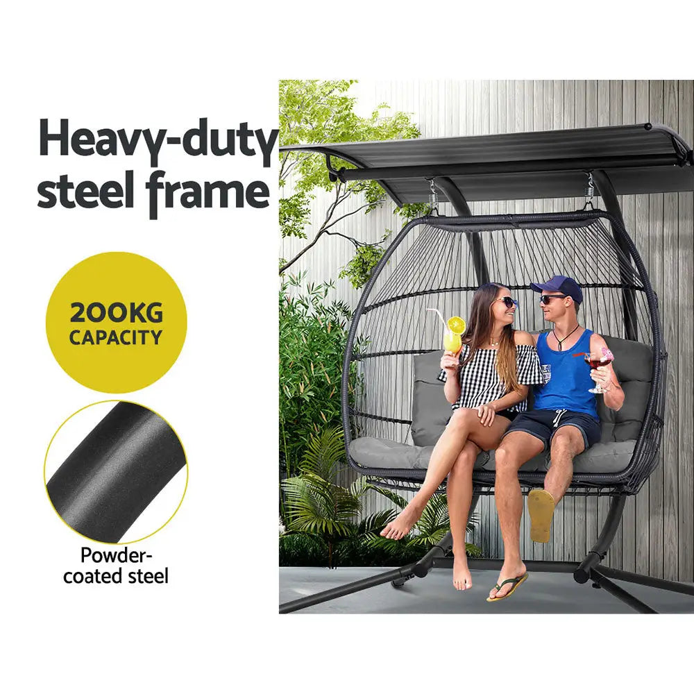 Gardeon 2 seater outdoor wicker egg swing chair with canopy in black cover