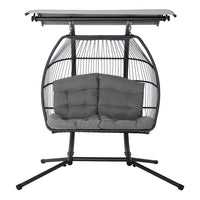 Gardeon 2 seater resin wicker egg swing chair with grey cushion & adjustable canopy