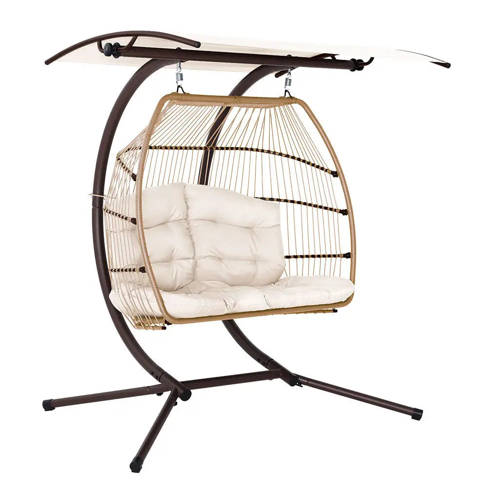 Gardeon 2 seater outdoor wicker egg swing chair with canopy, white cushion, resin wicker