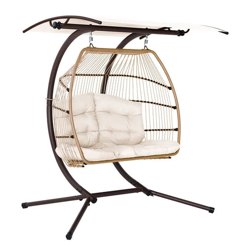 Gardeon 2 seater outdoor wicker egg swing chair with canopy, white cushion, resin wicker