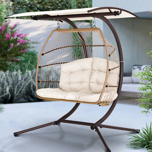 Gardeon 2 seater outdoor wicker egg swing chair with canopy - white cushion hanging chair