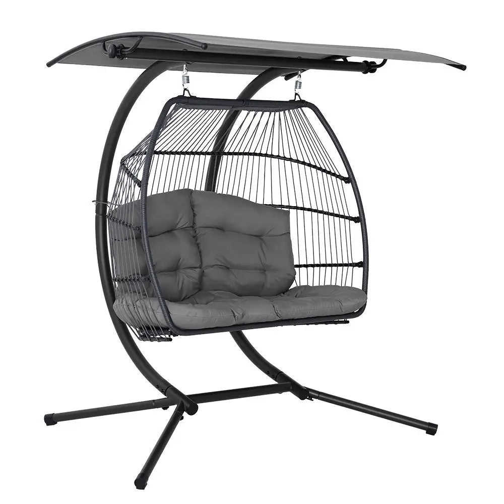 Gardeon 2 seater outdoor wicker egg swing chair with canopy, featuring a black resin wicker swing chair with a grey cushion